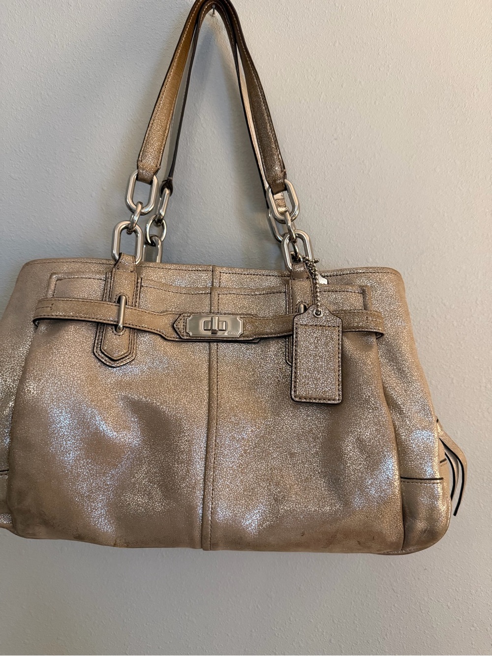 Coach Metallic Taupe Shoulder Bag with Turn-Lock and Tag